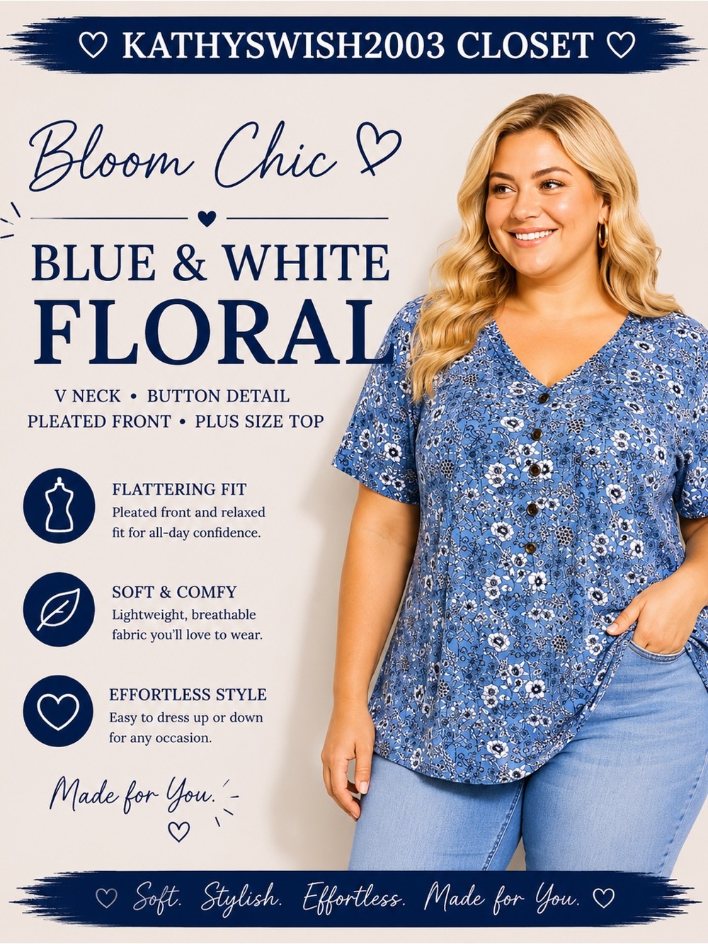 Bloom Chic Blue & White Floral V Neck Button Detail Pleated Front Plus S…